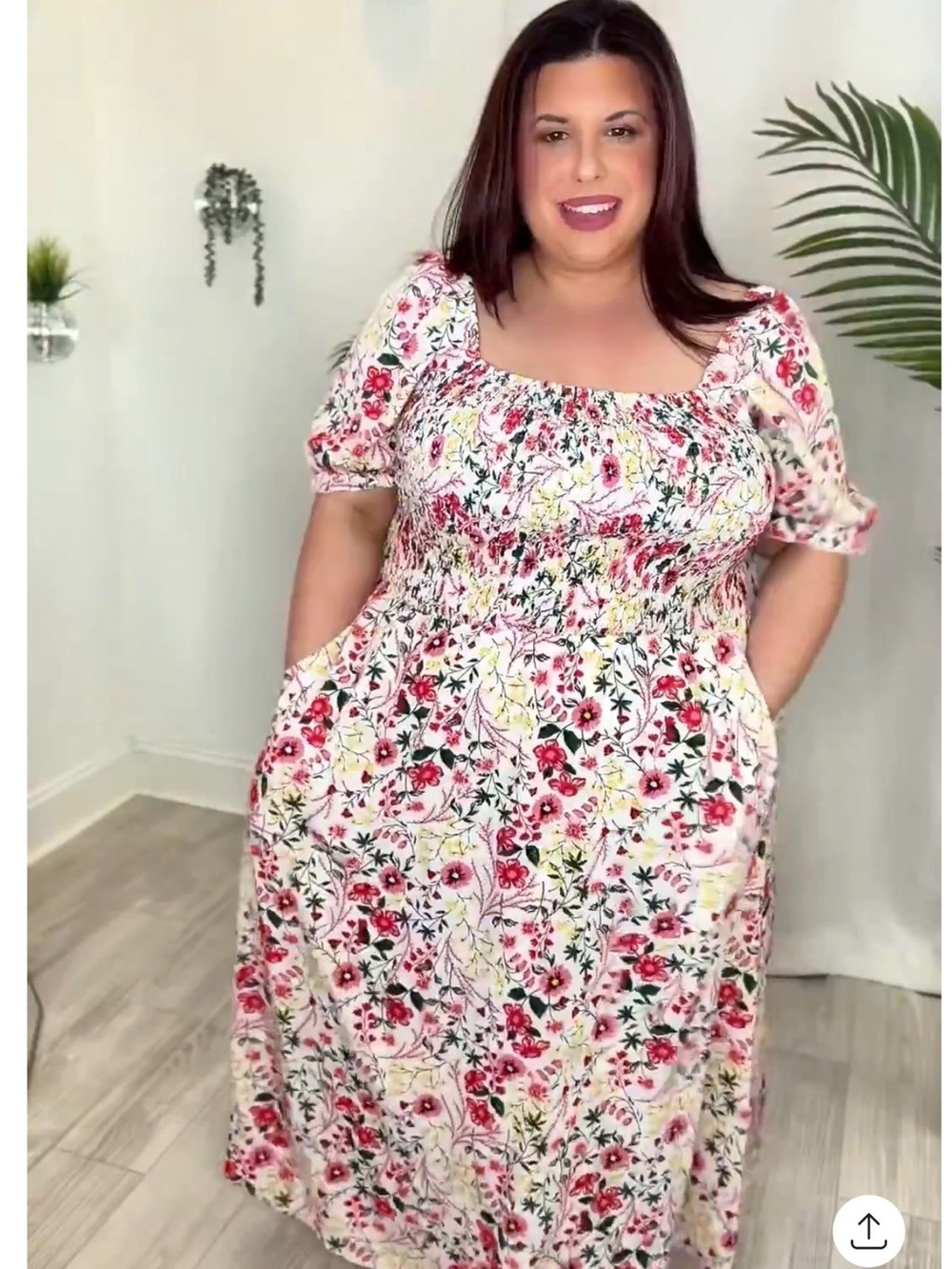 Plus Floral Smocked Square-Neck Maxi  Dress - White with Pink Flowers